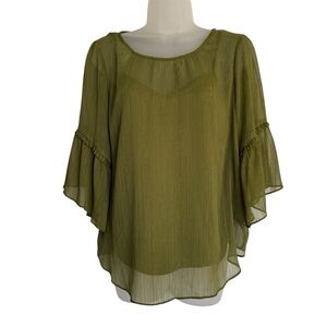 LC Lauren Conrad Flutter Sleeve Chiffon Peasant Blouse Olive Green Size Medium